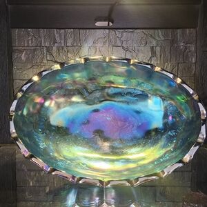 VTG Indiana Glass Blue Iridescent Carnival Glass Footed Oval Bowl Harvest Grape